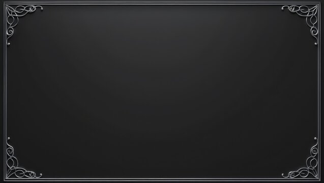 Dark gray frame with silver border. Ornate silver scrolls in corners. Simple rectangular panel. Decorative elegant background for text or image