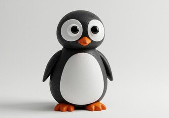 Fototapeta premium A cute penguin figurine with big eyes stands on a white background in a studio setting looking forward