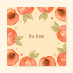 Playful Summer Card with Peaches and Fun Quote – Just Peachy. Vector.