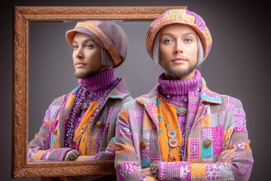 A mirror showing the same person dressed in different cultural outfits