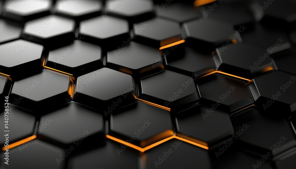 Poster intricate black hexagonal pattern with glowing orange accents creating a sleek modern look.