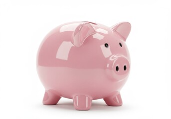 Obraz premium A pink piggy bank with a coin slot on its back standing on a white surface in a studio setting