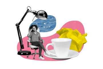 Poster sketch image artwork 3D photo collage of young woman smile sit armchair big electric lamp...