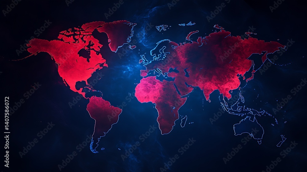 Poster stylized world map in red hues on a dark background depicting global data connections and technology