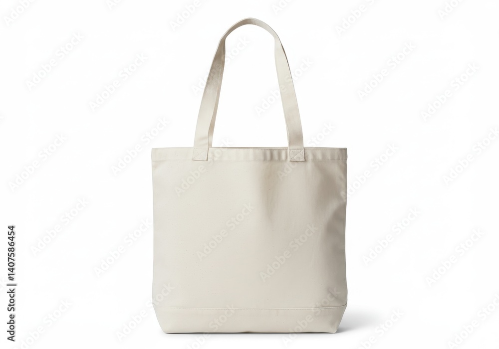 Poster a simple cream colored tote bag with handles standing upright on a white background plain and empty
