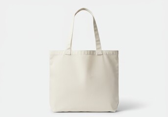 A simple cream colored tote bag with handles on a white background in studio lighting shot frontally