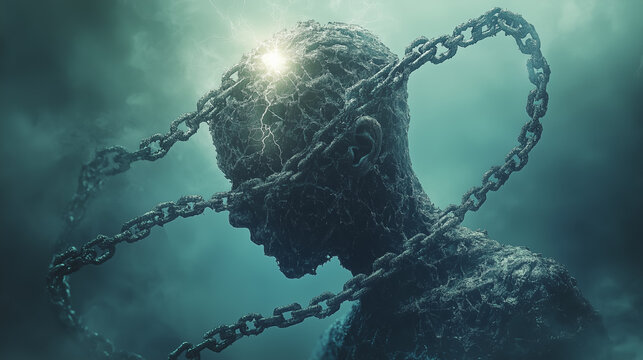 Silhouetted figure surrounded by chains and lightning depicted in dark, nebulous environment showcasing themes of struggle and liberation