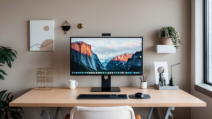 Modern desk setup with computer display. Light wooden desk surface holds keyboard, mouse, and office items. Wall decorations with geometric shapes, potted plant adds simple style.