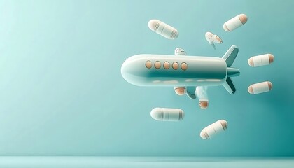 Fototapeta premium A whimsical illustration of a capsule-shaped aircraft surrounded by smaller capsules, set against a soft blue background. 