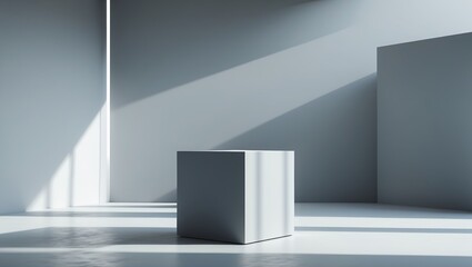Fototapeta premium White cube stands alone inside room. Sunlight streams across floor and walls creating shadows. Minimalist geometric shapes present light and space.