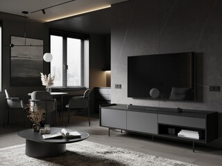 Living with kitchen studio apartment with a premium contemporary style in dark colors. Stylish modern room area with large window. 3d render