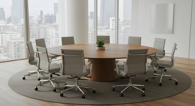 Modern Office Conference Room with Round Table and City View