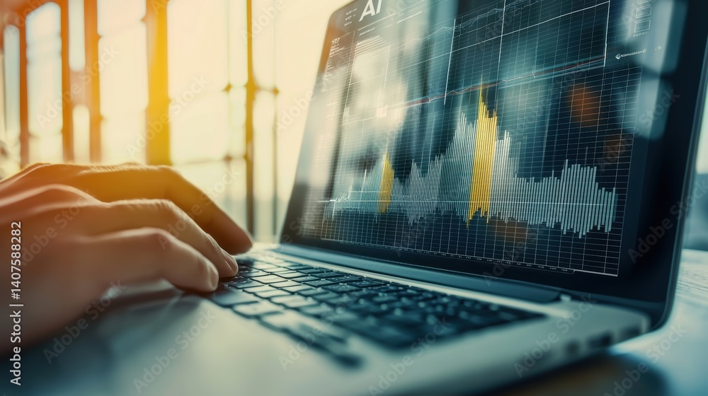 Poster analyzing data trends using ai technology on laptop office environment digital analytics business in
