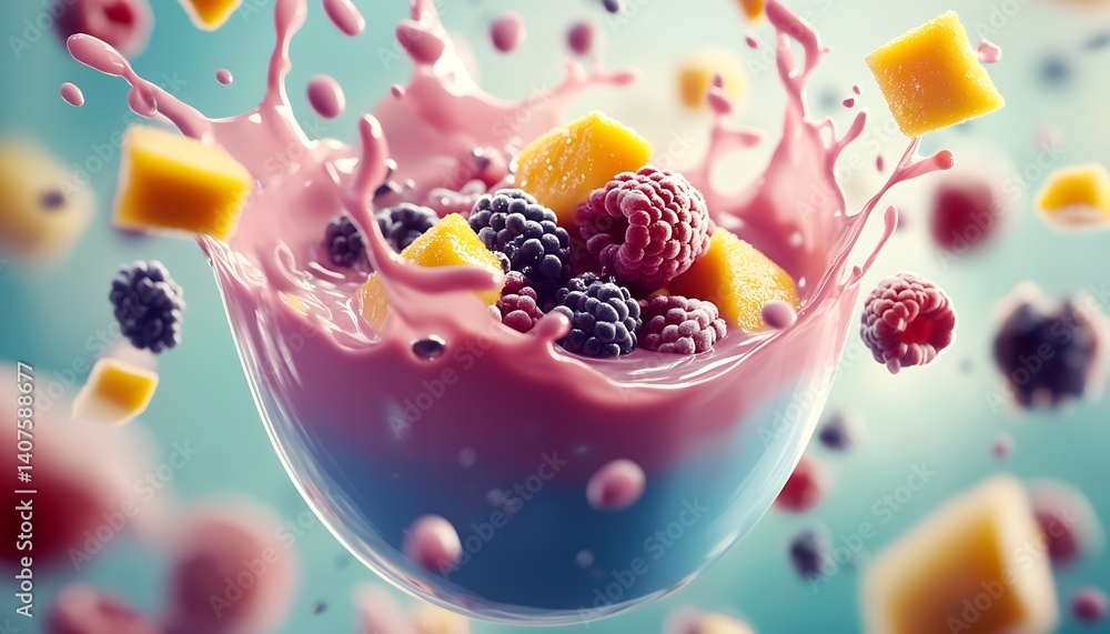 Poster Dynamic splash of fruit smoothie with raspberries and mango chunks creating a vibrant visual effect : Generative AI