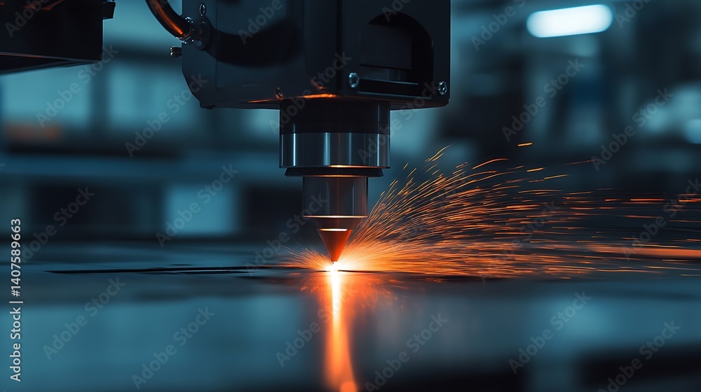 Aufkleber Laser Cutting Process with Dramatic Sparks Emanating from a High Precision CNC Machine : Generative AI