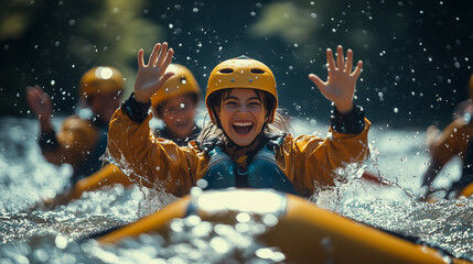 Exciting river rafting adventure with joyful participants in bright yellow gear splashing water on a sunny day