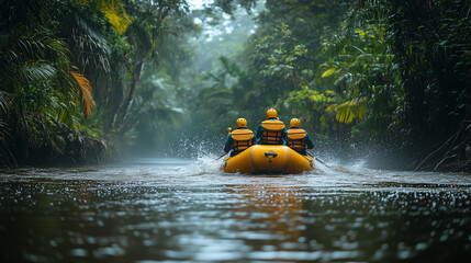 Adventurers navigate a winding river surrounded by lush greenery on a misty morning in a tropical rainforest