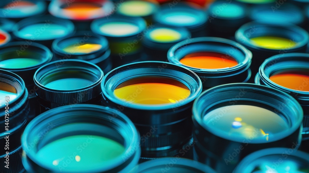 Poster vibrant and colorful collection of paints displayed in close-up with reflections against a dark back