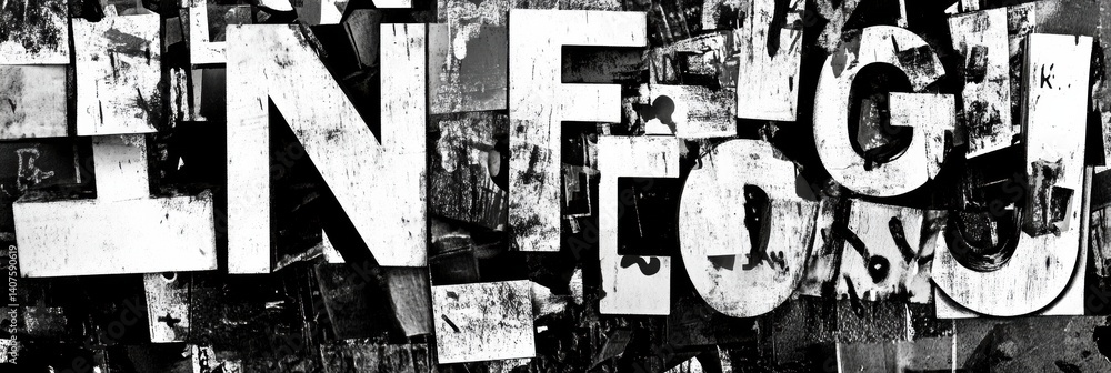 Aufkleber exploration of black and white typography collage with random letters and words in a grunge type sty