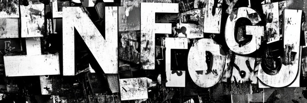 Exploration of black and white typography collage with random letters and words in a grunge type style showcasing artistic expression