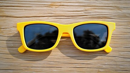 Summer vibes sunglasses on wooden surface fashion accessory outdoor natural lighting close-up view