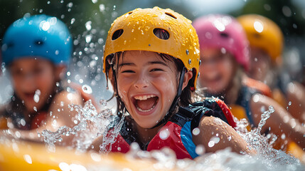 Children enjoy splashing water while rafting during a summer camp activity at a riverside location
