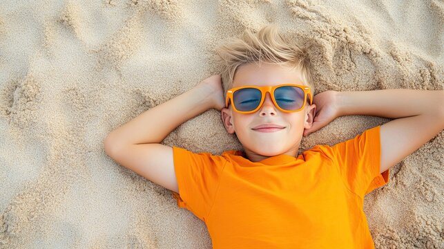 A child wearing glasses lies on the sand, with plenty of space nearby. 