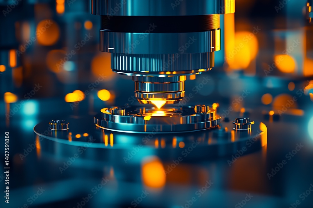 Poster advanced machinery focusing on a glowing component in a high-tech environment illuminated by orange 