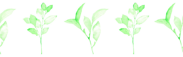 Watercolor leaves border on a white background. Hand-drawn illustration. Perfect for spring and summer.	