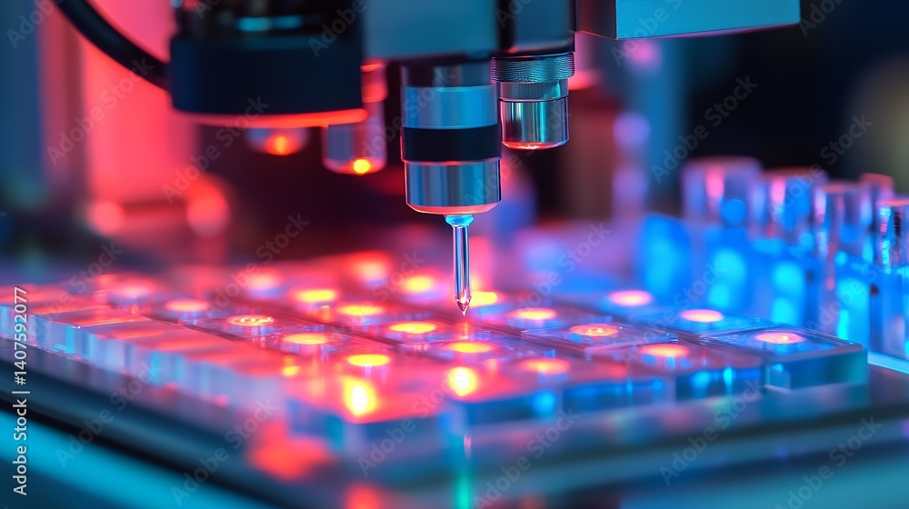 Leinwandbilder Advanced laboratory technology featuring a microscope analyzing samples with colorful LED backlighting : Generative AI