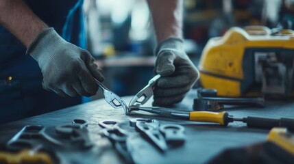 Fototapeta premium Construction worker inspecting tools before work begins. Featuring focus and preparation