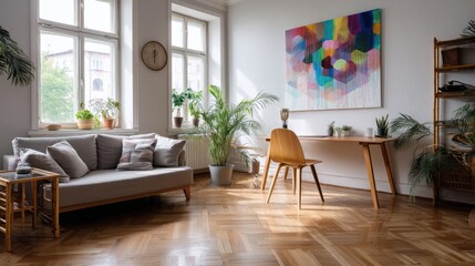 Fototapeta premium Bright living room with hardwood floors, comfy couch, and large artwork.