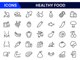 Nutrition set of web icons in line style. Healthy food linear icon collection. Containing food, vegetables, water, palm oil free, сaunt calories, zero trans fat, probiotics and more.