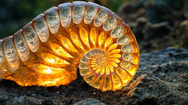 Detailed amber ammonite fossil, natural light, rock background, decorative piece