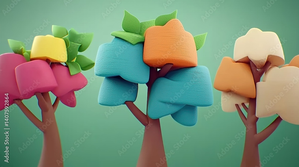 Poster colorful abstract trees creative studio 3d animation minimalist environment close-up view nature con