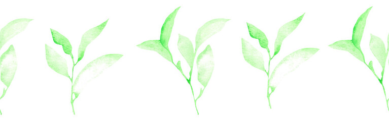 Watercolor leaves border on a white background. Hand-drawn illustration. Perfect for spring and summer.	