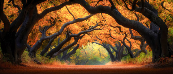 Naklejka premium [Autumn forest path under natural archway] Autumnal Archway Pathways Leads to Enchanted Woodscape With Golden Hues.