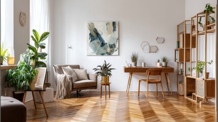 Cozy living room with plants & herringbone floors