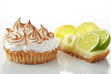 Lemon tarts with meringue and citrus slices on a white reflective surface. Great for dessert menus, blogs, or advertising delicious pastry products.