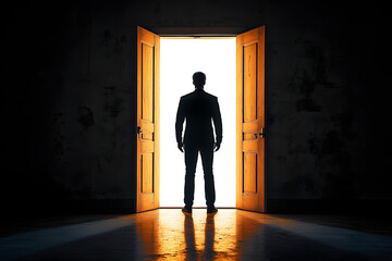 Fototapeta premium Silhouette of a man standing in front of an open door with bright light.