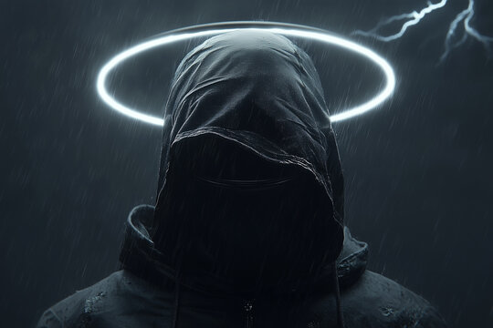 hooded figure with glowing halo in a dark, stormy night