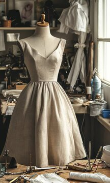 Beige elegant dress displayed on a mannequin in a fashion workshop, with sewing tools, fabrics, and natural light creating an ambiance of creativity and craftsmanship