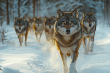 Naklejka premium Majestic wolf pack prowling through a snowy winter forest at sunrise, showing gray, brown, and white fur, evoking feelings of wildness and freedom