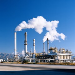 Panoramic industrial scene with fuel tanks, refinery towers, and gas flare stacks
