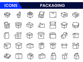Package box line icon vector set. Containing open cardboard, fast delivery box, container, parcel protection, storage, good packing, fragile, wrapped, offer, processed, product shipping, merchandise
