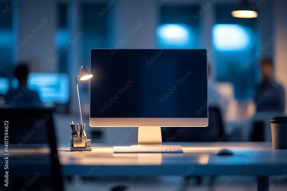Leinwandbilder Modern Office Workspace with a Computer and Desk Lamp Illuminated Under Dim Lighting at Night : Generative AI