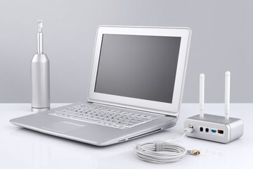 Fototapeta premium Hacker monitoring Wi-Fi traffic using a USB adapter and custom antenna