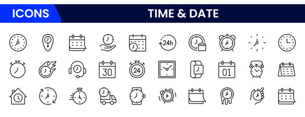 Time icon set. Timer, alarm, schedule, hourglass, clock icons. Solid icon collection.