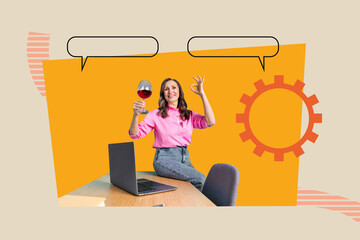 Contemporary artwork collage of happy old woman hold wine glass show okay gesture gearwheel...