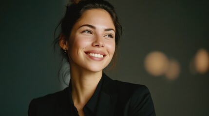 Smiling Businesswoman in Black Blazer Radiating Confidence and Happiness